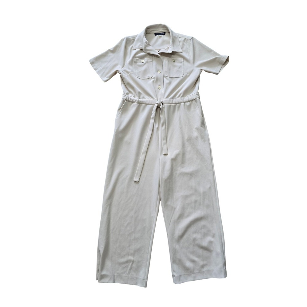Tommy Hilfiger Womens Button‎ Front Jumpsuit Size 14 Ivory Wide Leg Cropped Work
